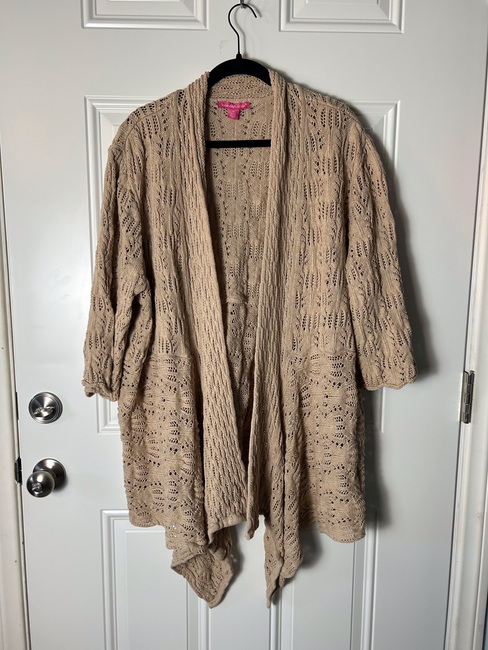 Woman Within Tan Open-Front Crochet Cardigan Waterfall Boho 4X Neutral 3/4 Sleev